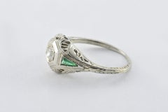 Art Deco 18K White Gold Diamond and Green Emerald Ring
