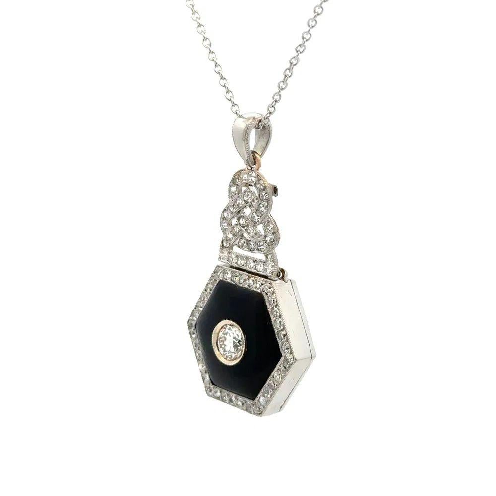 Art Deco Diamond and Hexagon Onyx Platinum Vintage Statement Pendant Necklace For Sale 2