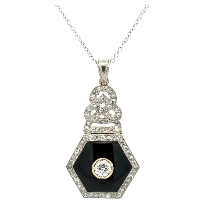 Art Deco Diamond and Hexagon Onyx Platinum Vintage Statement Pendant Necklace For Sale