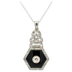 Art Deco Diamond and Hexagon Onyx Platinum Vintage Statement Pendant Necklace