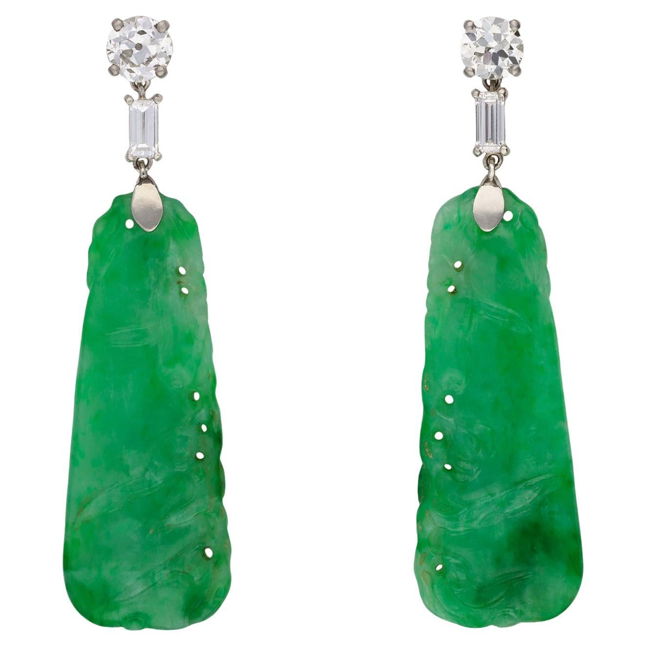 Art Deco diamond and jade earrings, circa 1925.  For Sale