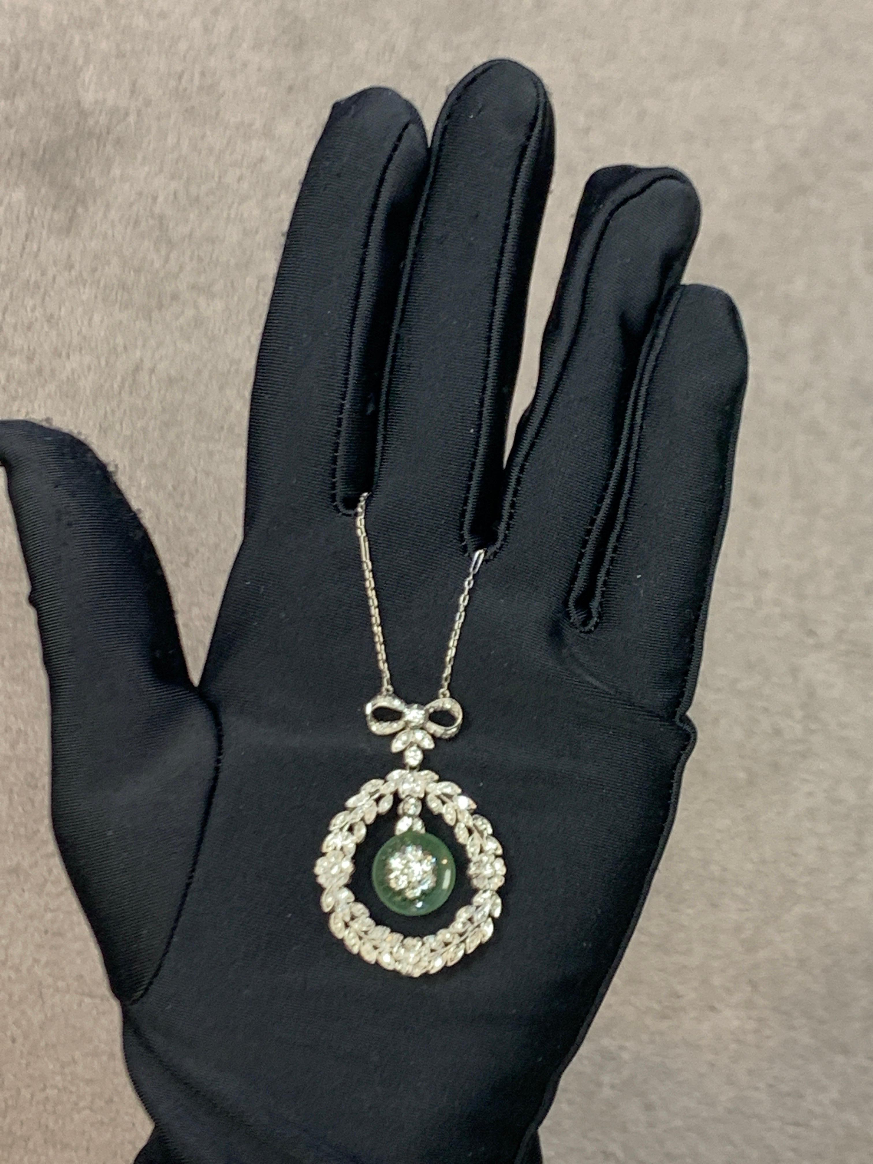 Mixed Cut Art Deco Diamond and Jade Pendant Necklace For Sale