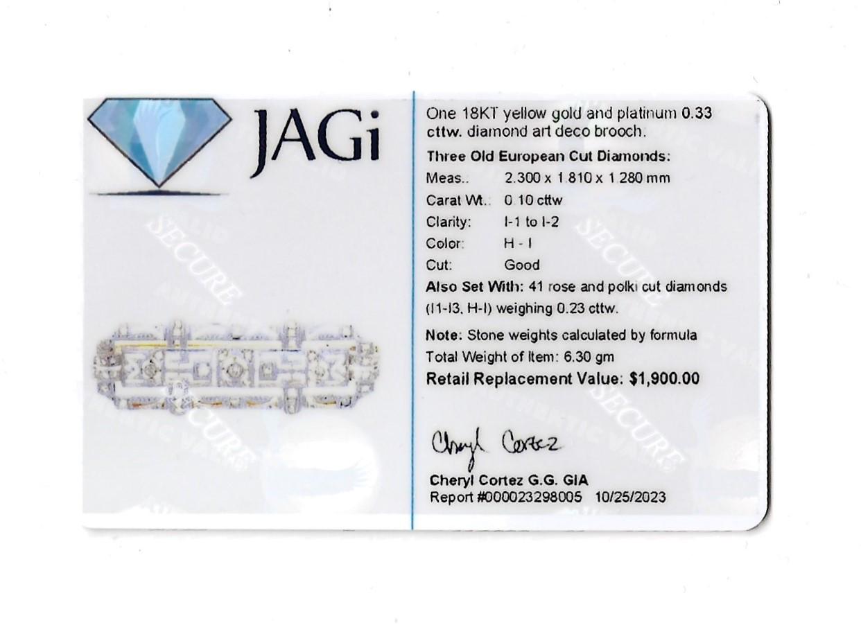 Art Deco Diamond and Milgrain Bar Brooch in 18 Karat Yellow Gold and Platinum For Sale 3