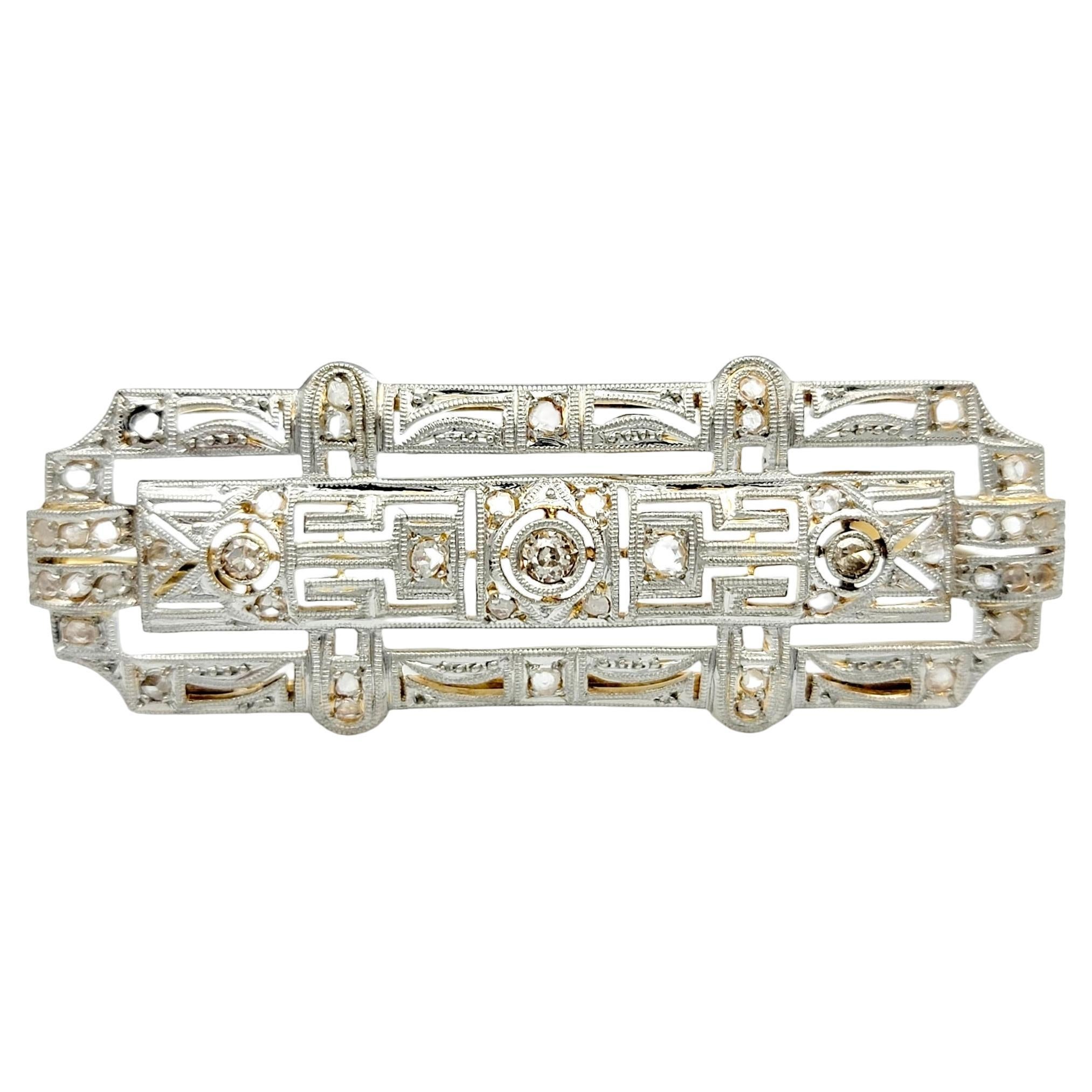 Art Deco Diamond and Milgrain Bar Brooch in 18 Karat Yellow Gold and Platinum For Sale