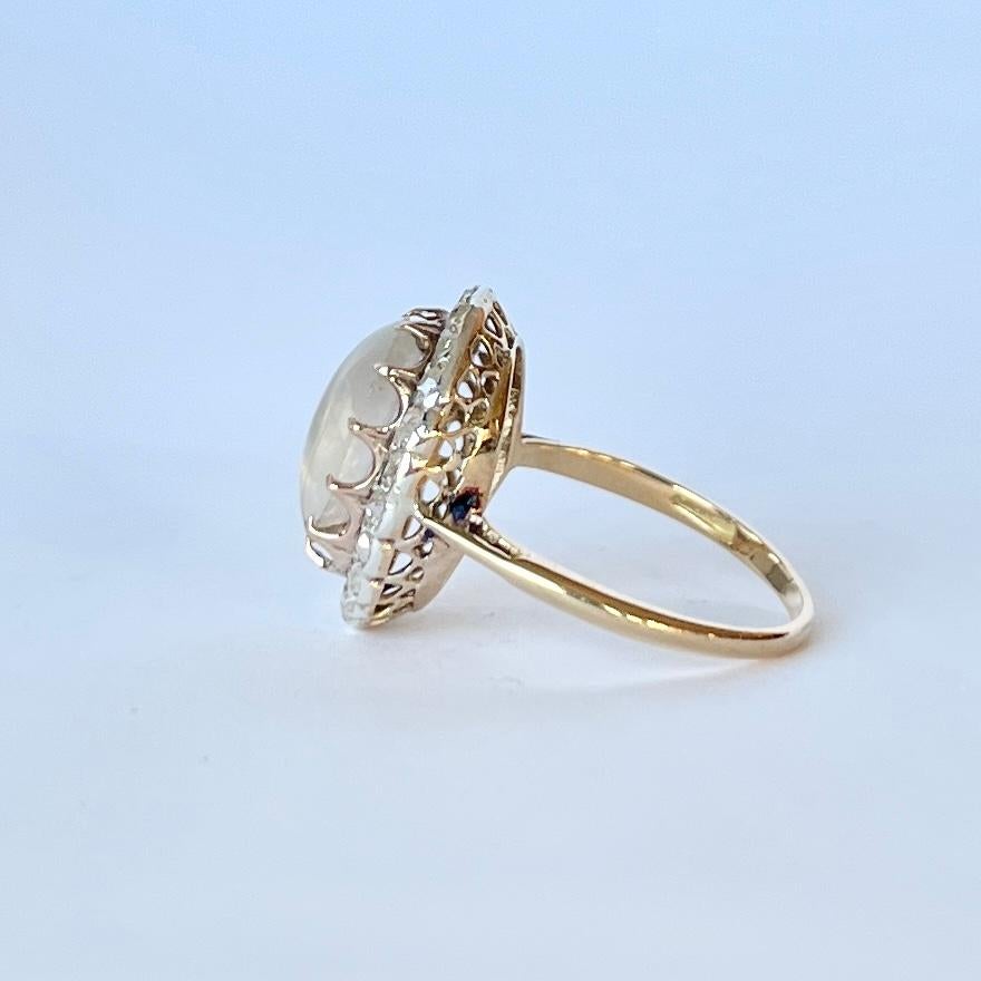 Cabochon Art Deco Diamond and Moonstone 18 Carat Gold and Platinum Ring For Sale