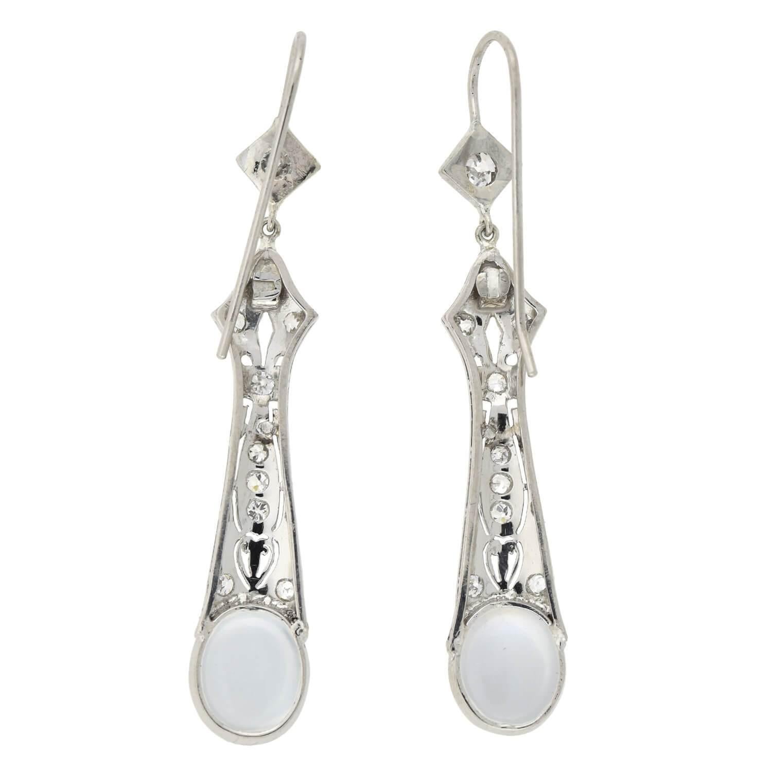 Women's Art Deco Diamond and Moonstone Drop Earrings For Sale