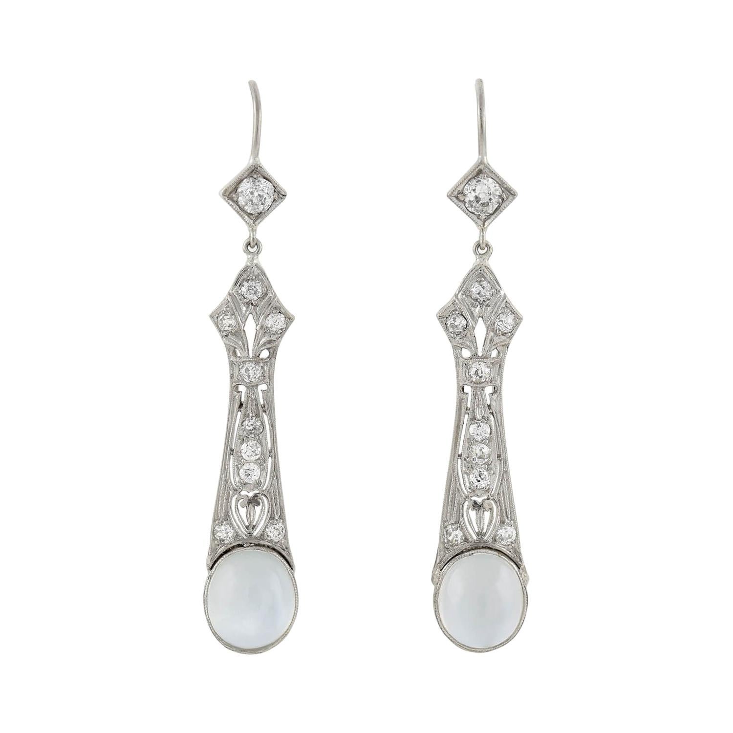 Art Deco Diamond and Moonstone Drop Earrings For Sale