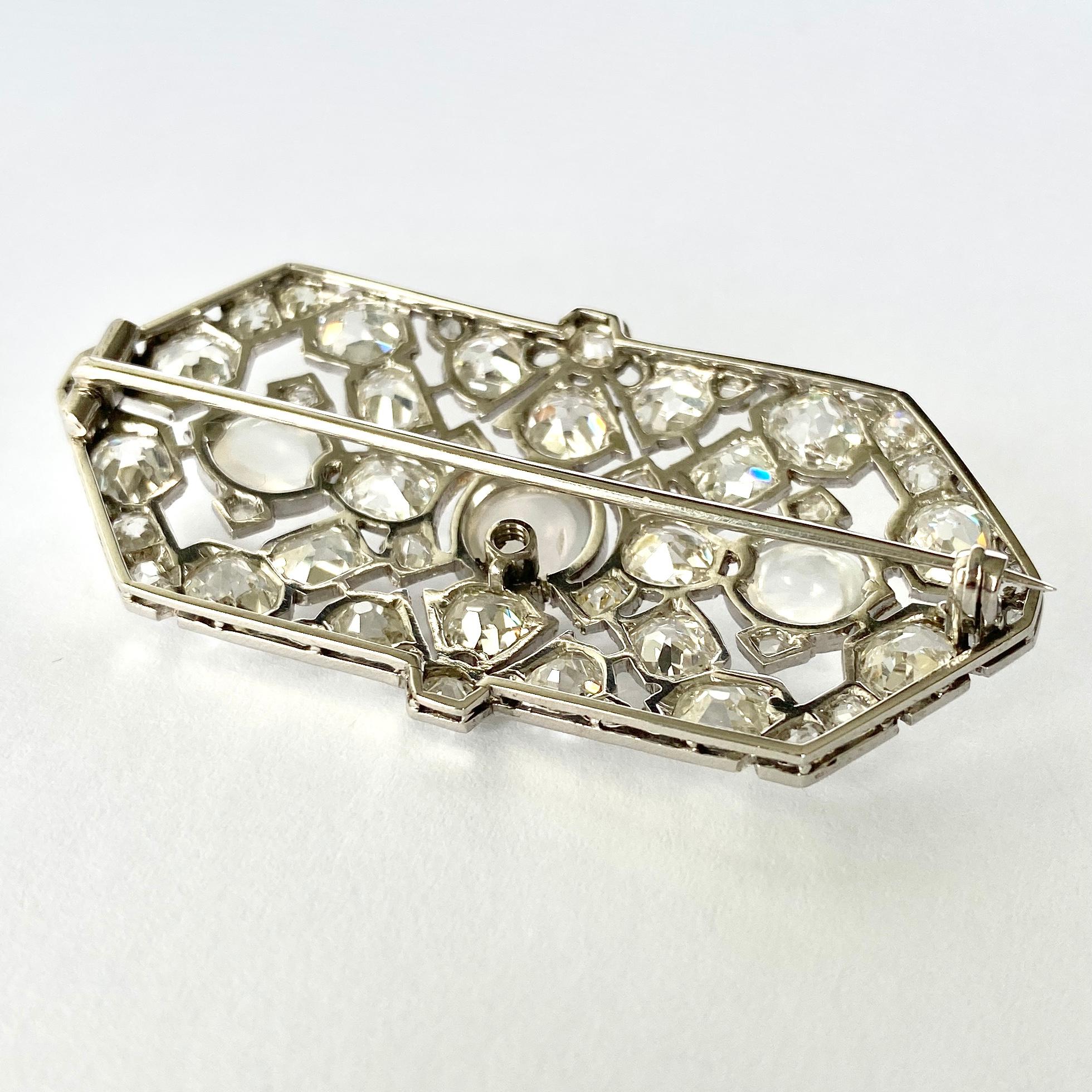 Old Mine Cut Art Deco Diamond and Moonstone Platinum Brooch