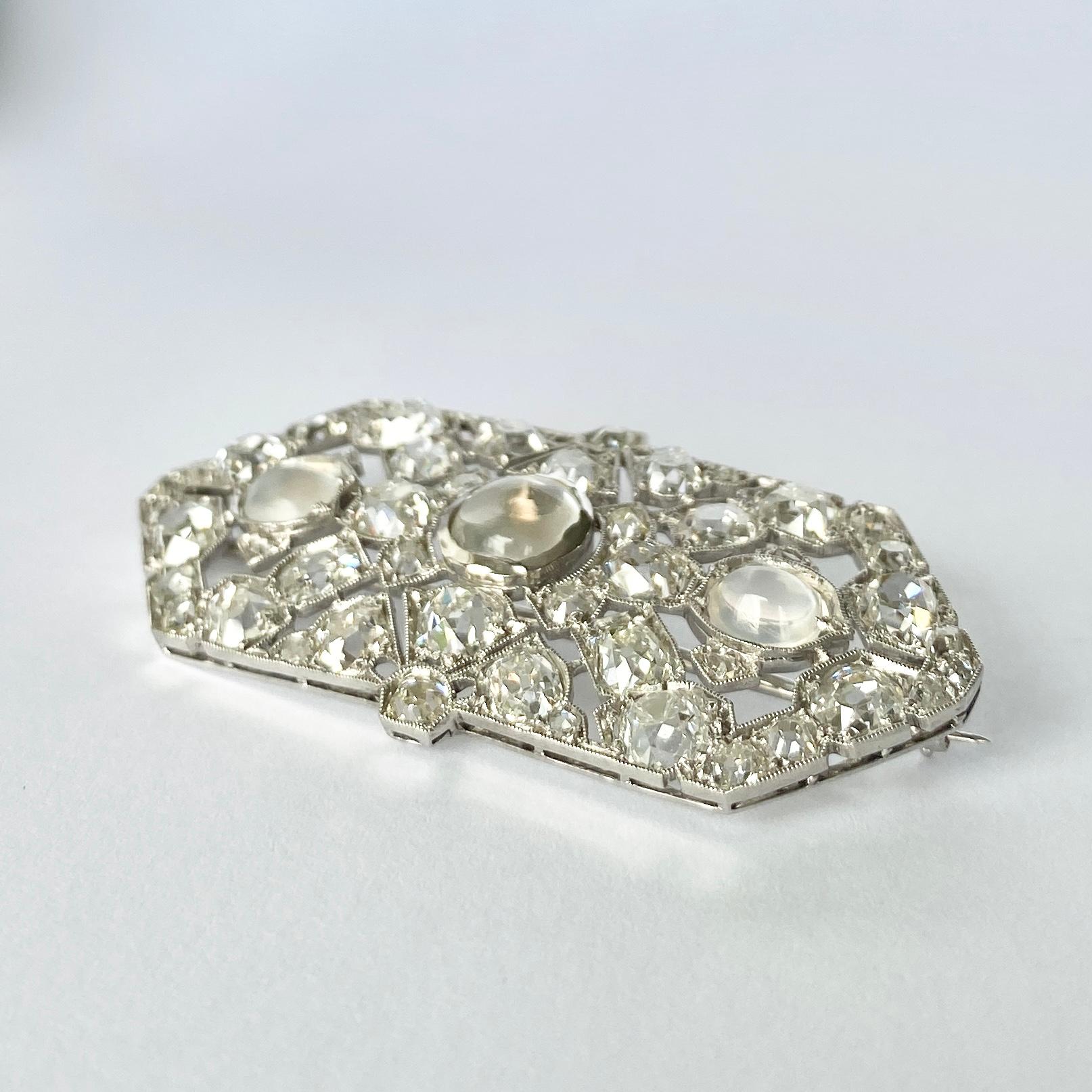 Women's Art Deco Diamond and Moonstone Platinum Brooch