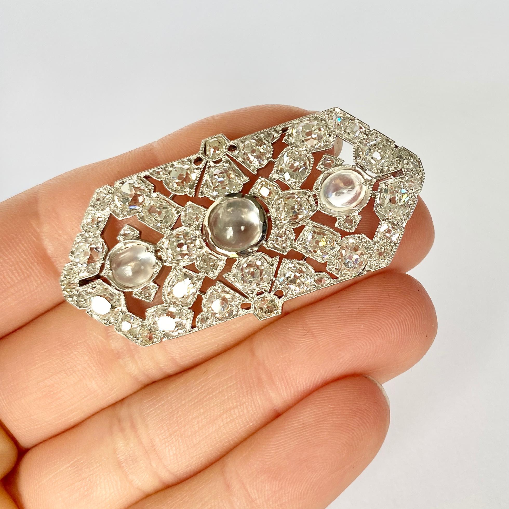 Art Deco Diamond and Moonstone Platinum Brooch 1