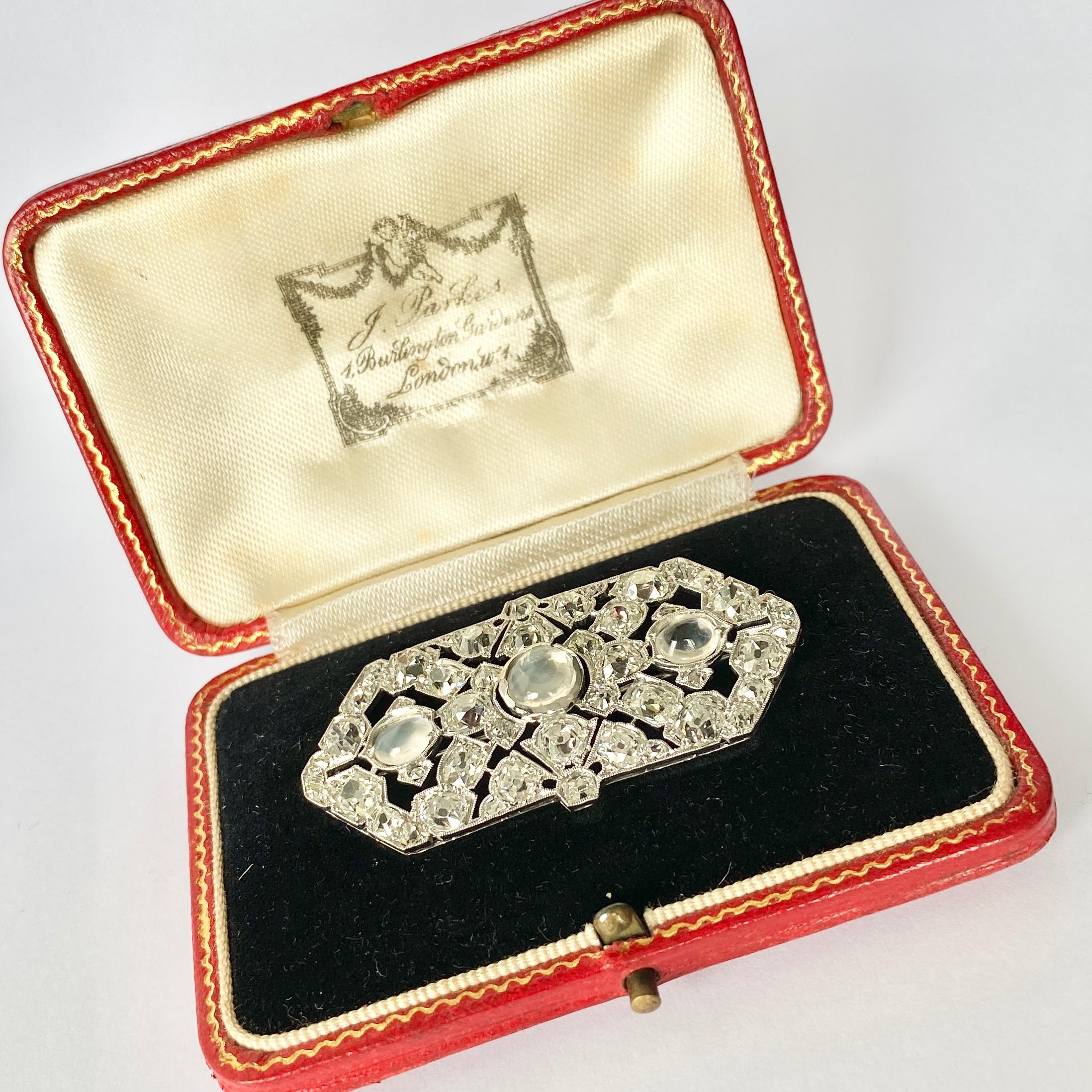 Art Deco Diamond and Moonstone Platinum Brooch 2