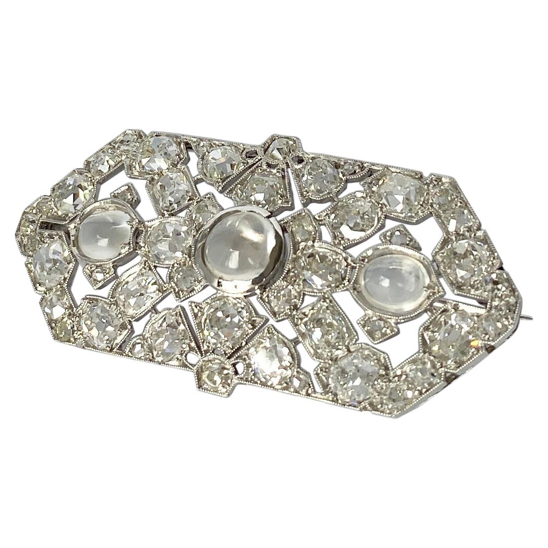 Art Deco Diamond and Moonstone Platinum Brooch