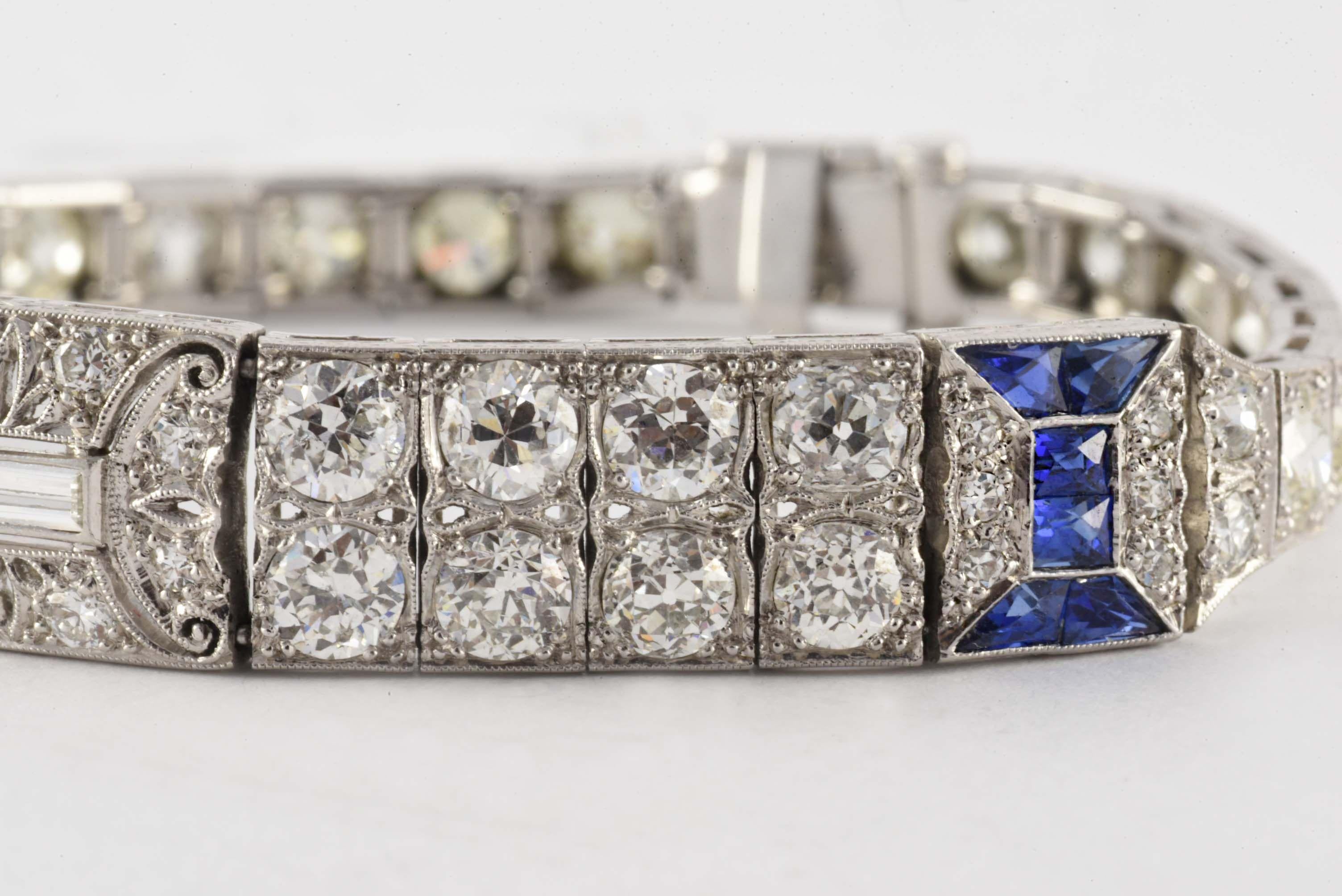 Mixed Cut Art Deco Diamond and Natural Blue Sapphire Bracelet