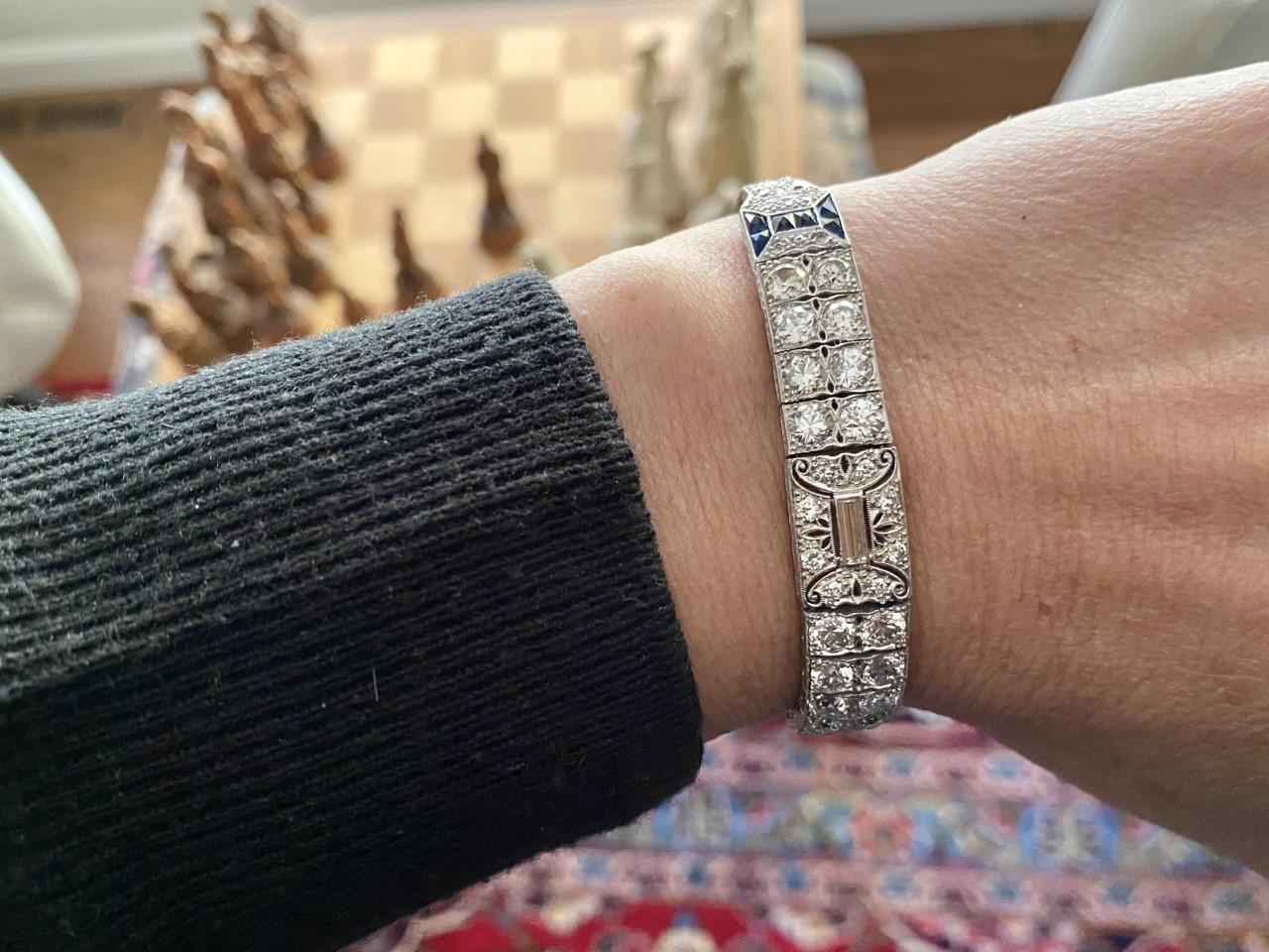 Art Deco Diamond and Natural Blue Sapphire Bracelet 2
