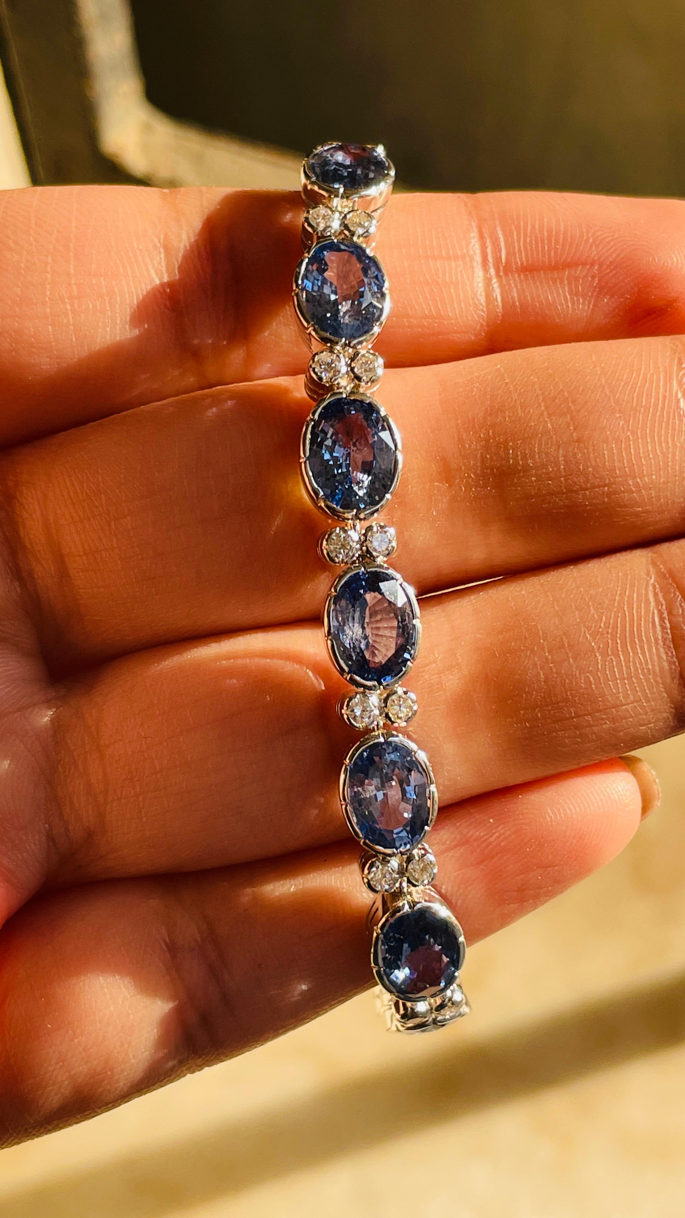 Oval Cut Art Deco Style Diamond and Natural Blue Sapphire Tennis Bracelet, 18K White Gold For Sale