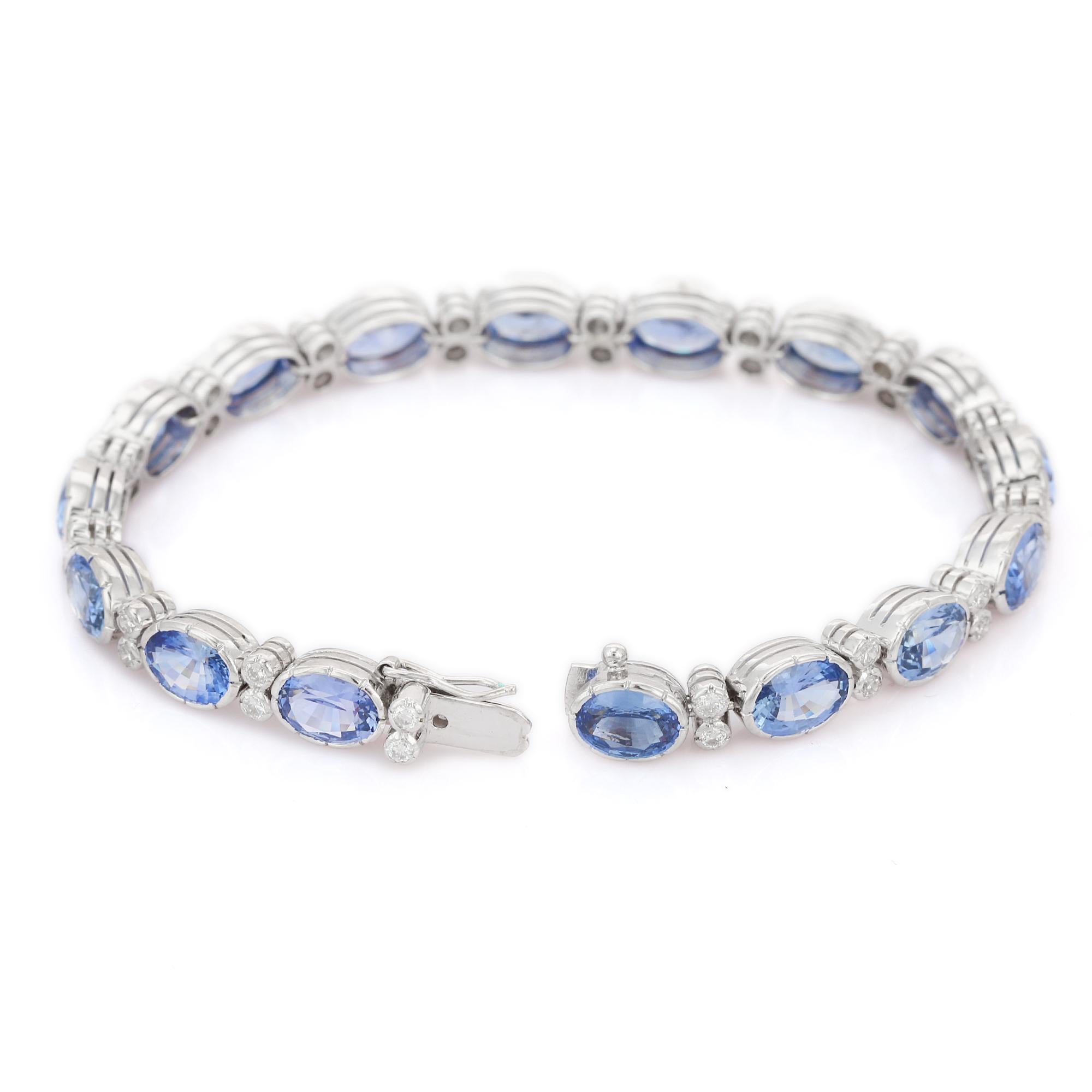 Art Deco Style Diamond and Natural Blue Sapphire Tennis Bracelet, 18K White Gold For Sale 2