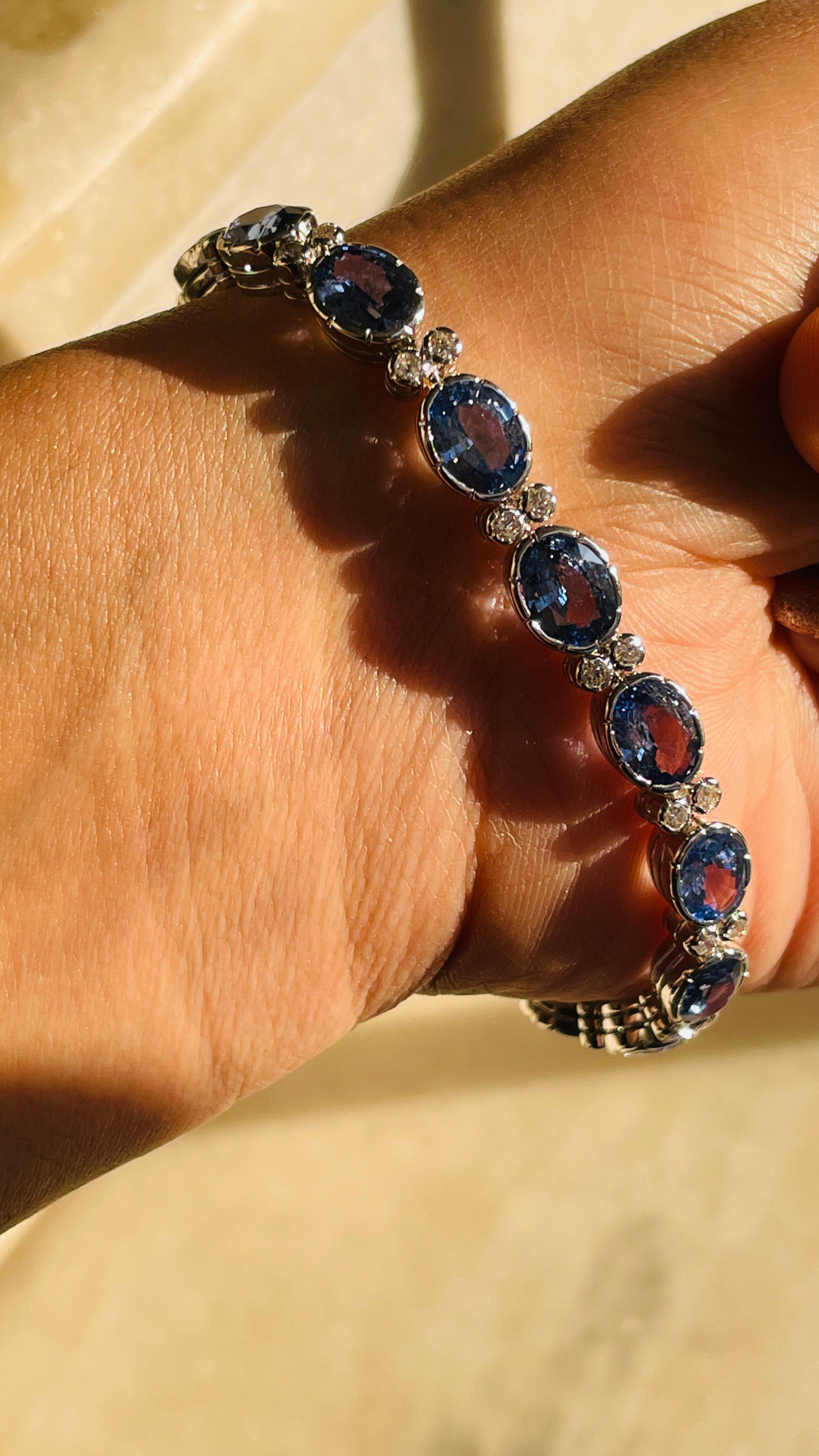 Art Deco Style Diamond and Natural Blue Sapphire Tennis Bracelet, 18K White Gold For Sale 3