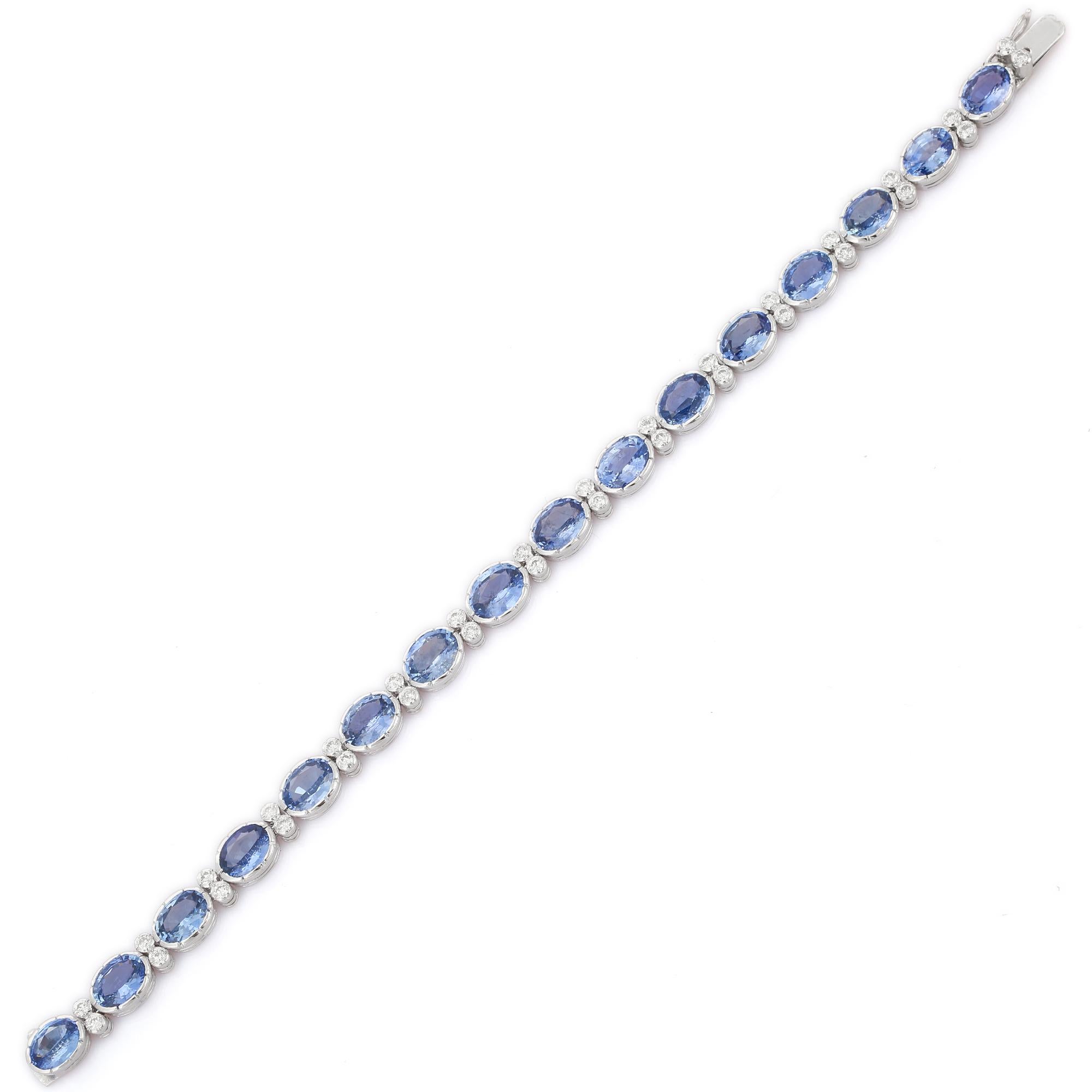 Art Deco Style Diamond and Natural Blue Sapphire Tennis Bracelet, 18K White Gold For Sale 4