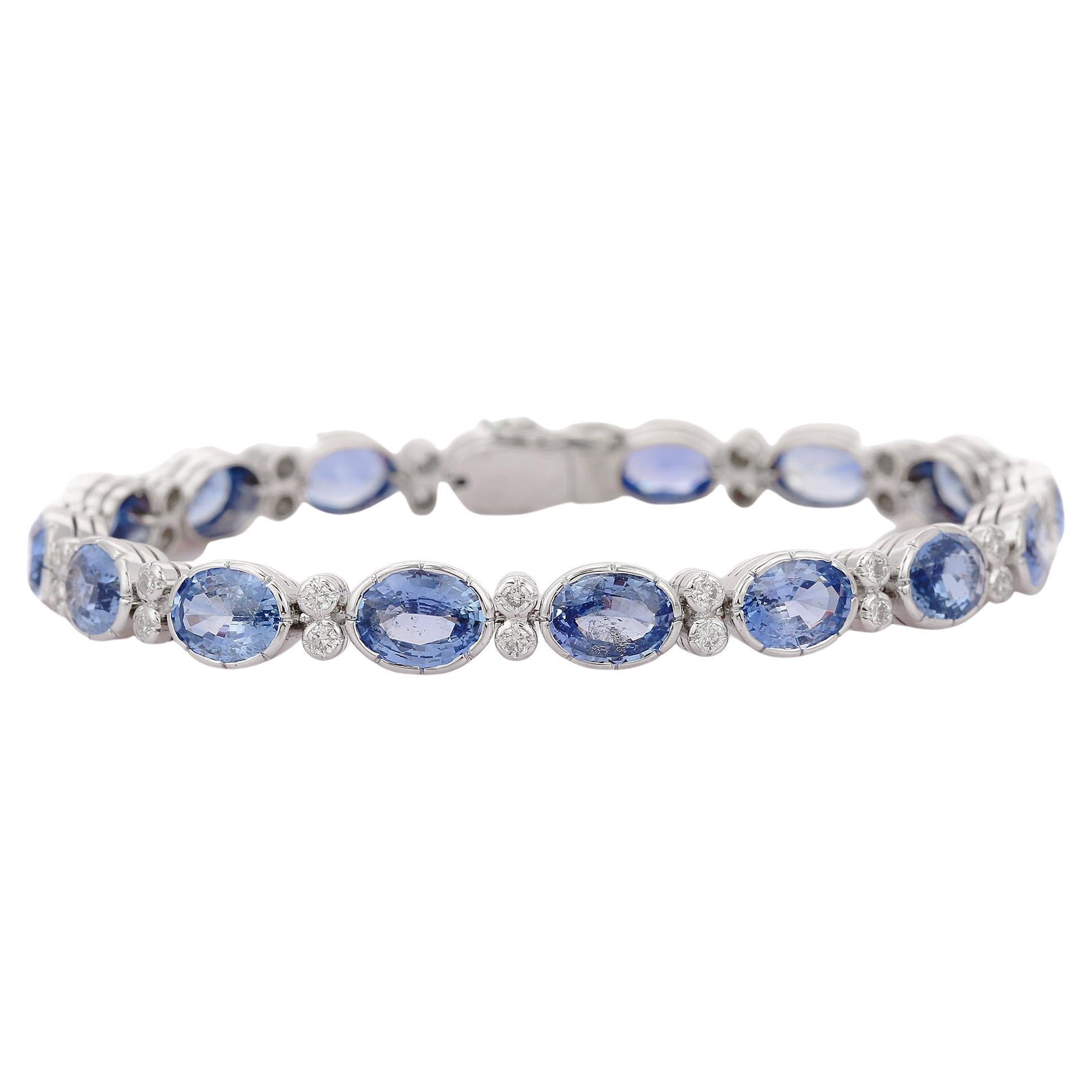 Art Deco Style Diamond and Natural Blue Sapphire Tennis Bracelet, 18K White Gold For Sale