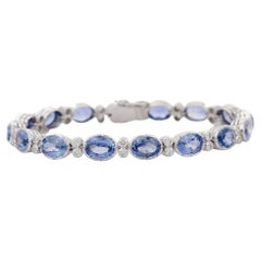 Art Deco Style Diamond and Natural Blue Sapphire Tennis Bracelet, 18K White Gold