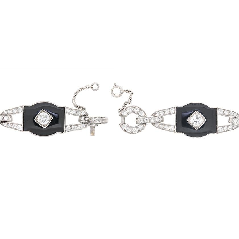 Old European Cut Art Deco Diamond and Onyx Bracelet, circa 1920s For Sale