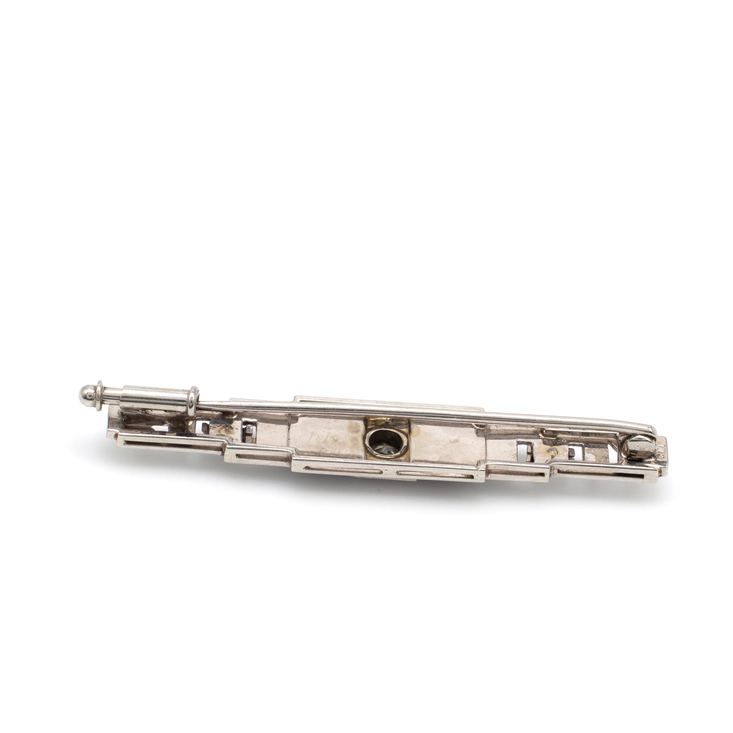 Women's or Men's Art Deco Diamond Onyx Brooch 18 Karat White Gold, circa 1920s