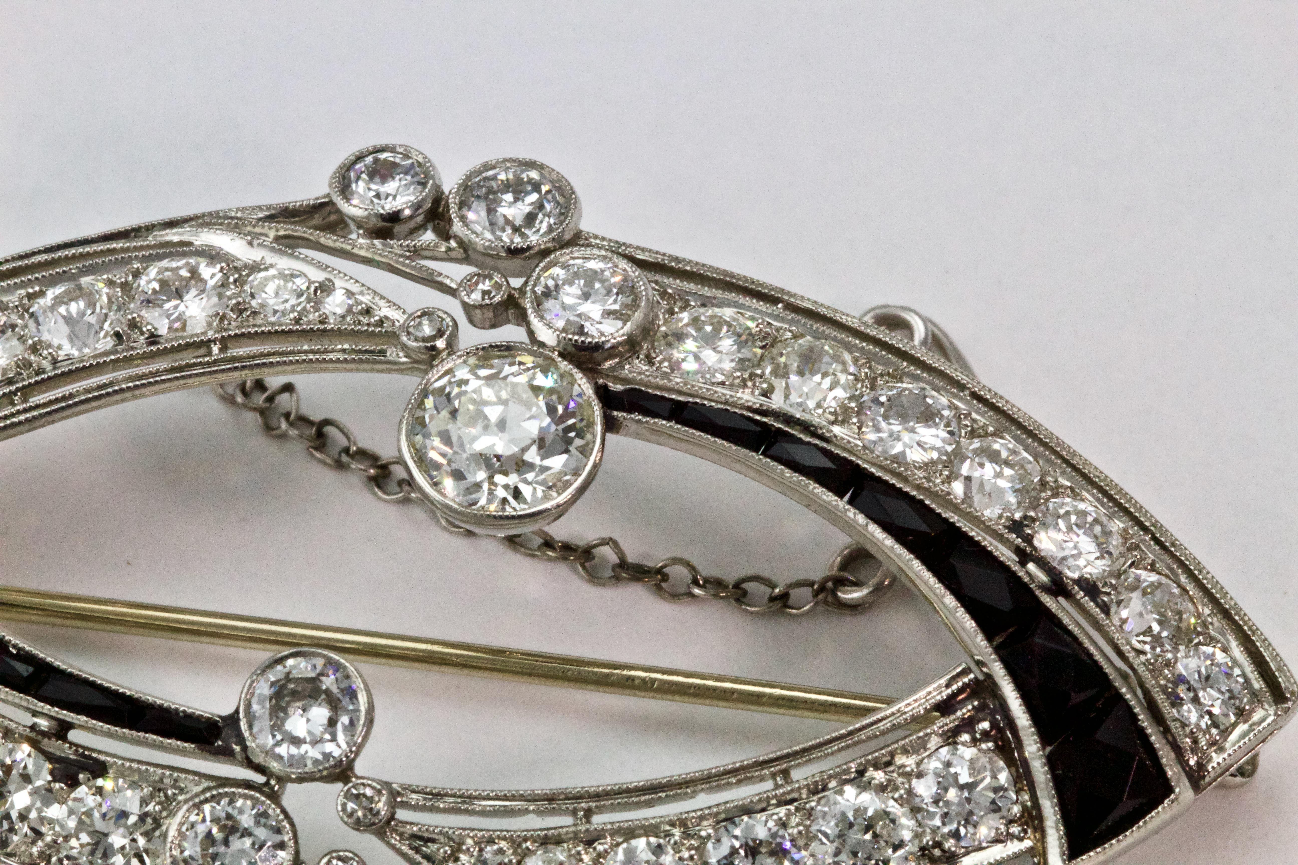 Women's or Men's Art Deco Diamond and Onyx Brooch Pin