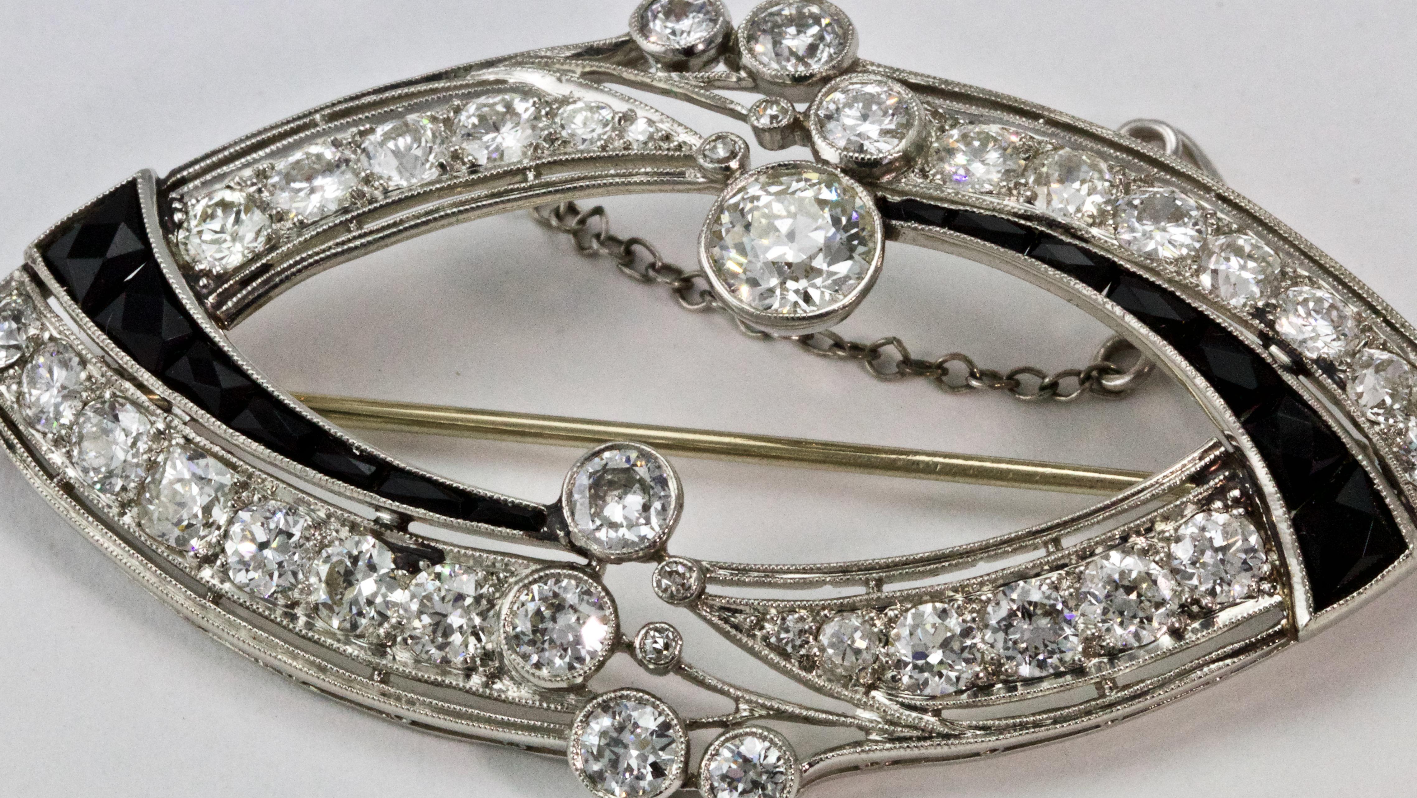 Art Deco Diamond and Onyx Brooch Pin 1