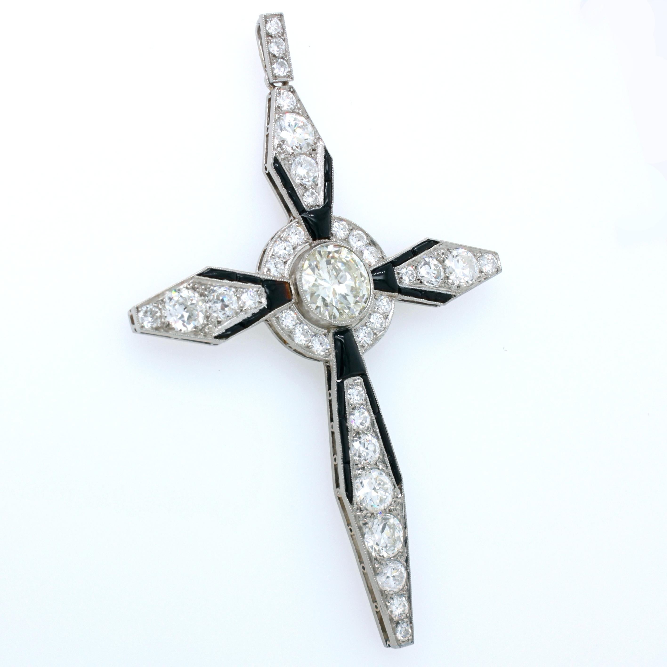 Art Deco Diamond and Onyx Cross Pendant, circa 1920s 1