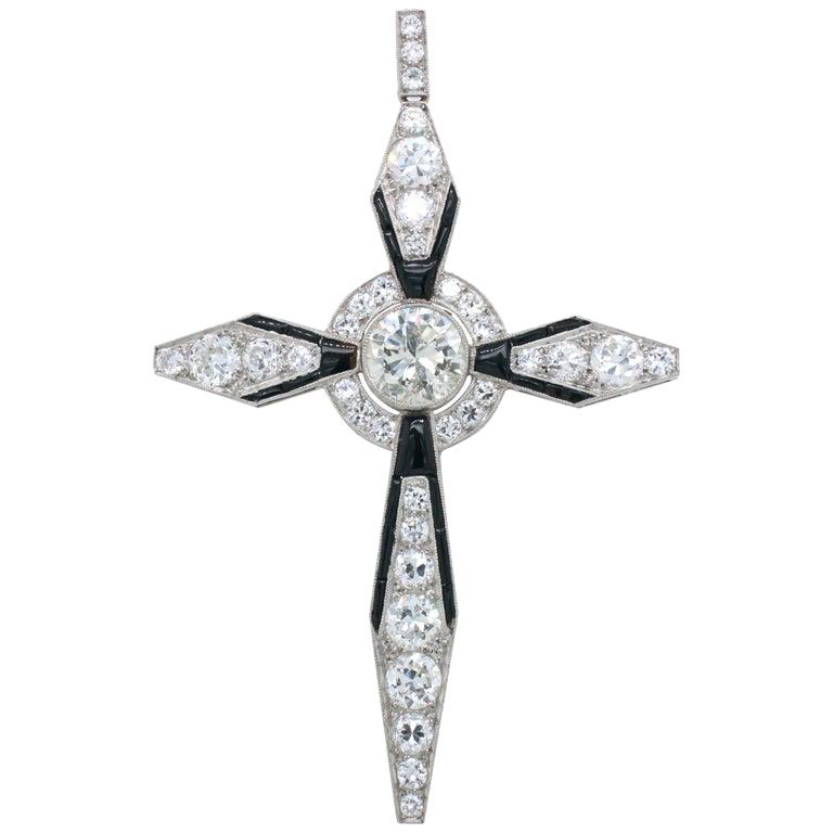 Art Deco Diamond and Onyx Cross Pendant, circa 1920s