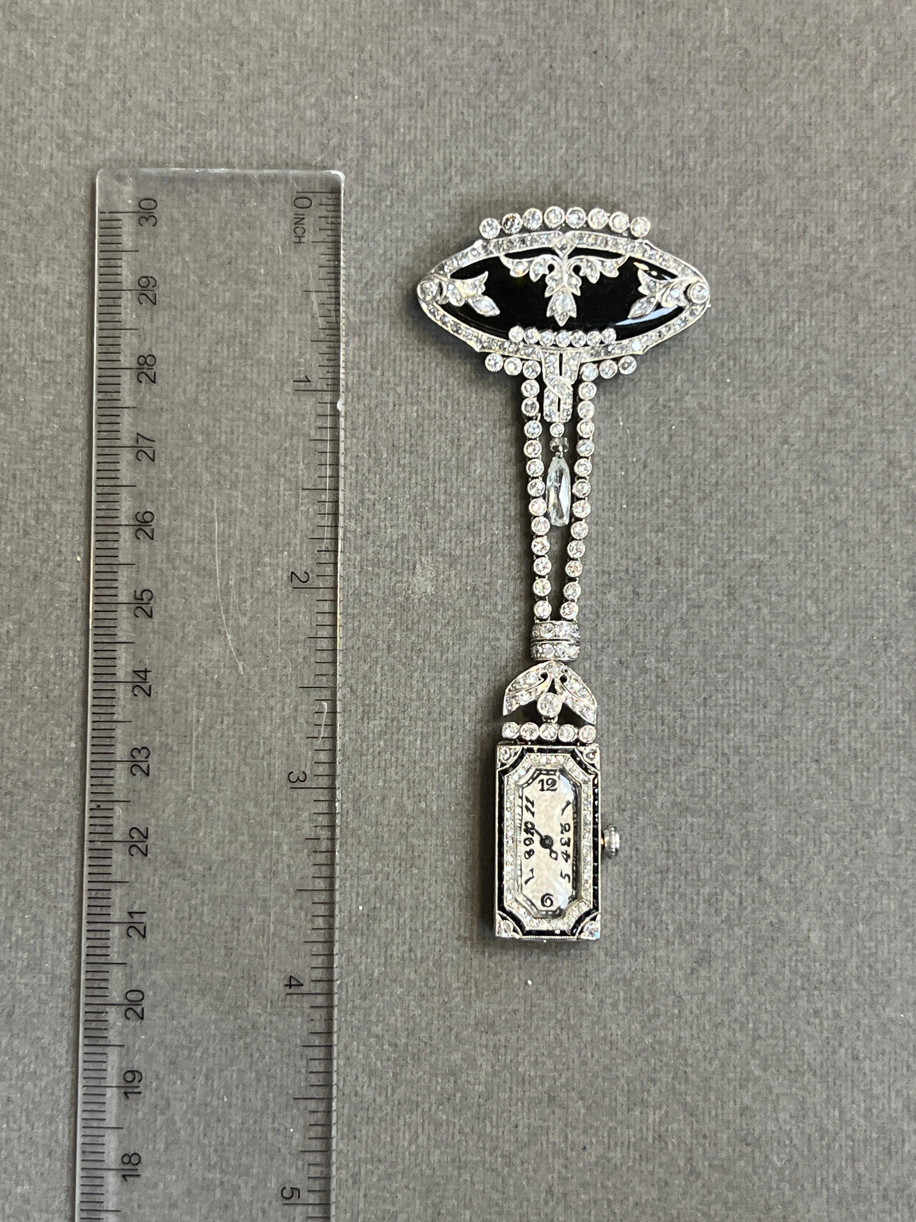 Art Deco Diamant und Onyx Ansteckuhr (Art déco) im Angebot