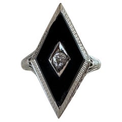 Art Deco Diamond and Onyx Navette Dinner Ring
