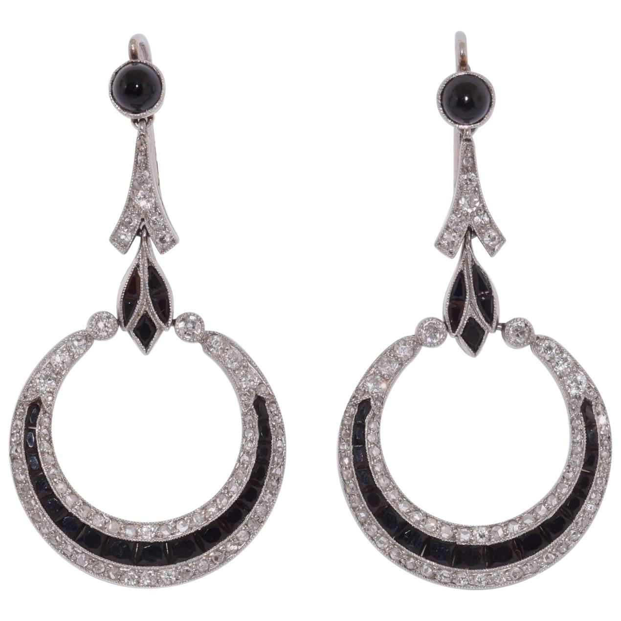 Art Deco Diamond and Onyx Pendant Earrings, French, circa 1920s For Sale