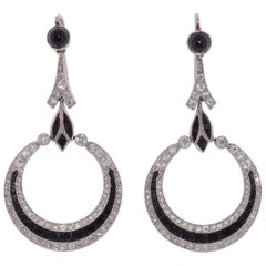 Antique Art Deco Diamond and Onyx Pendant Earrings, French, circa 1920s