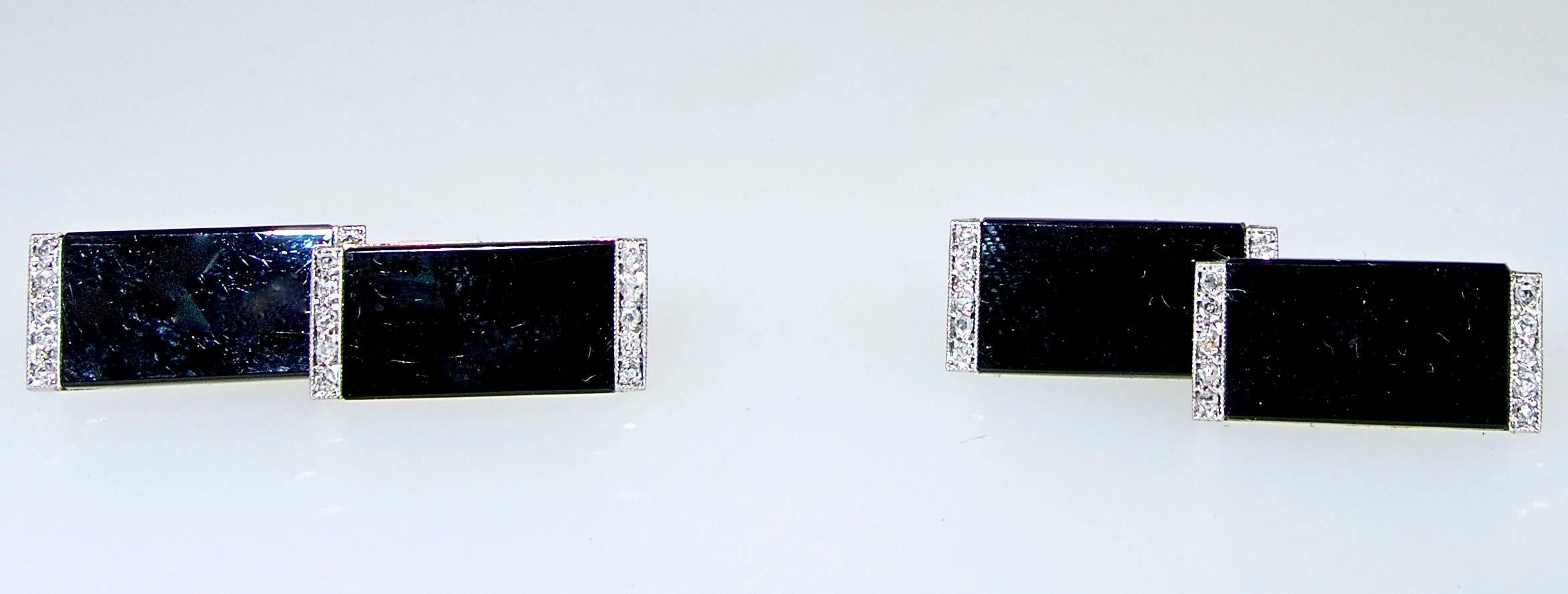 Old European Cut Art Deco Diamond and Onyx Platinum Antique Cufflinks, French, by Ghiso, C. 1920
