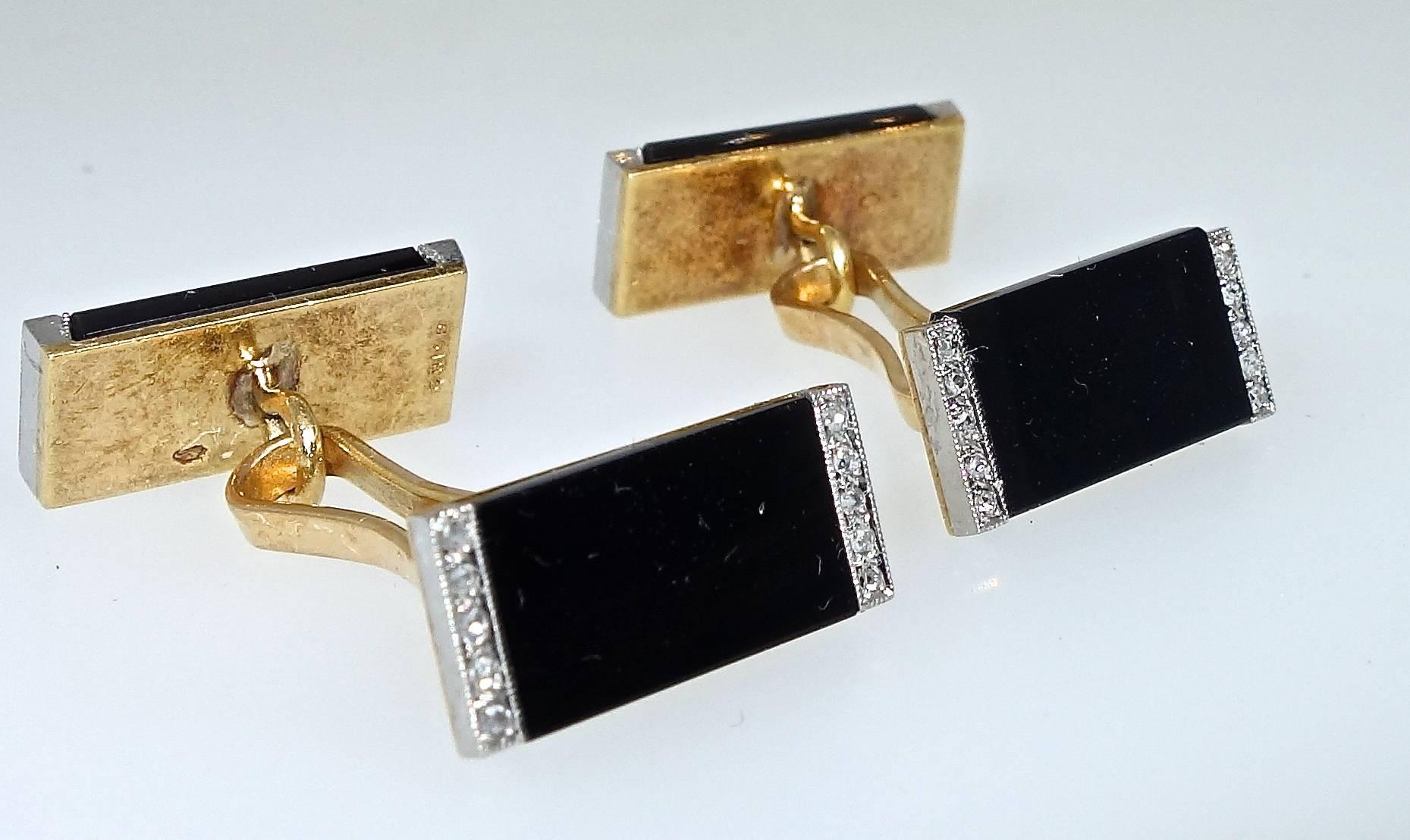 Art Deco Diamond and Onyx Platinum Antique Cufflinks, French, by Ghiso, C. 1920 In Excellent Condition In Aspen, CO
