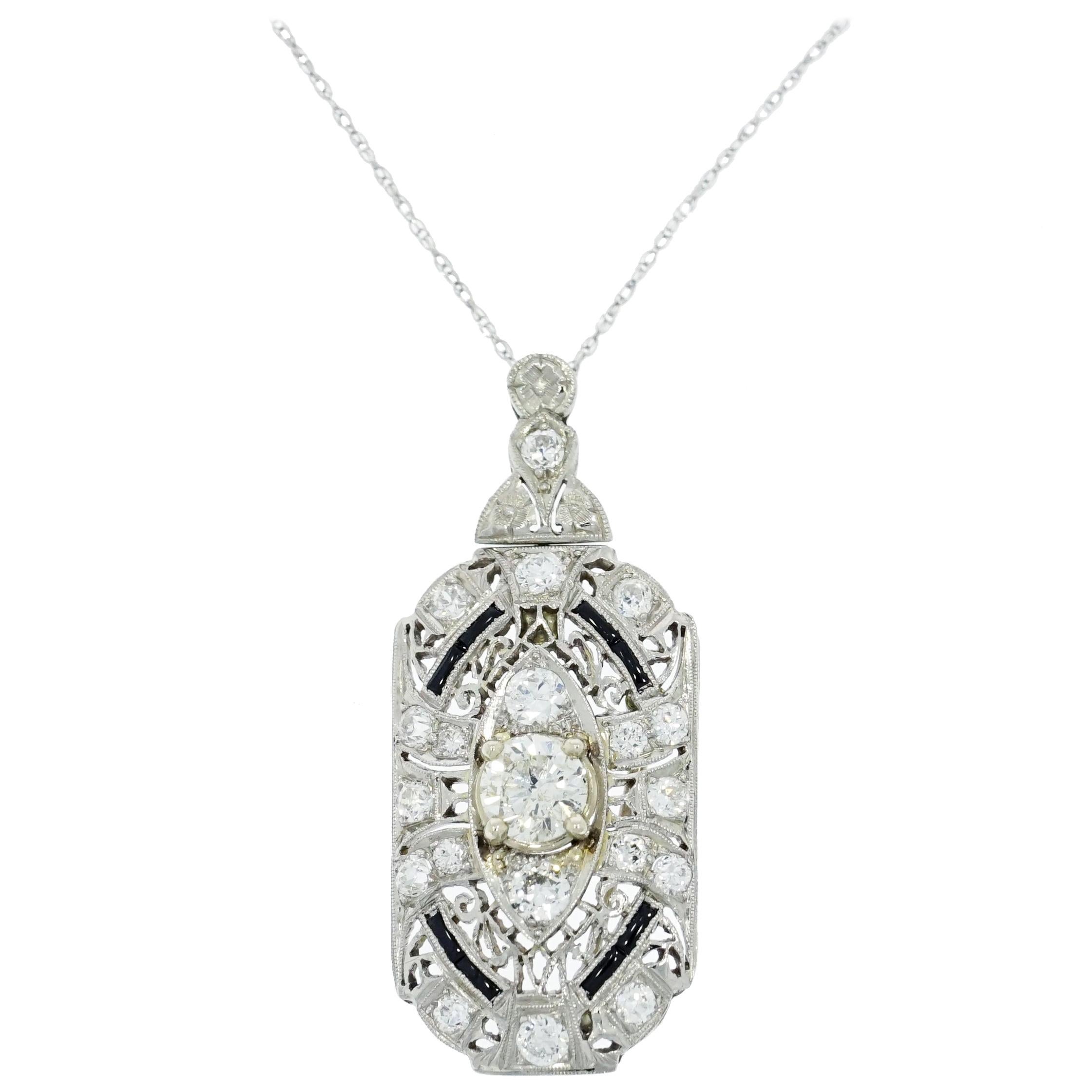 Art Deco Style Diamond and Onyx Platinum Pendant
