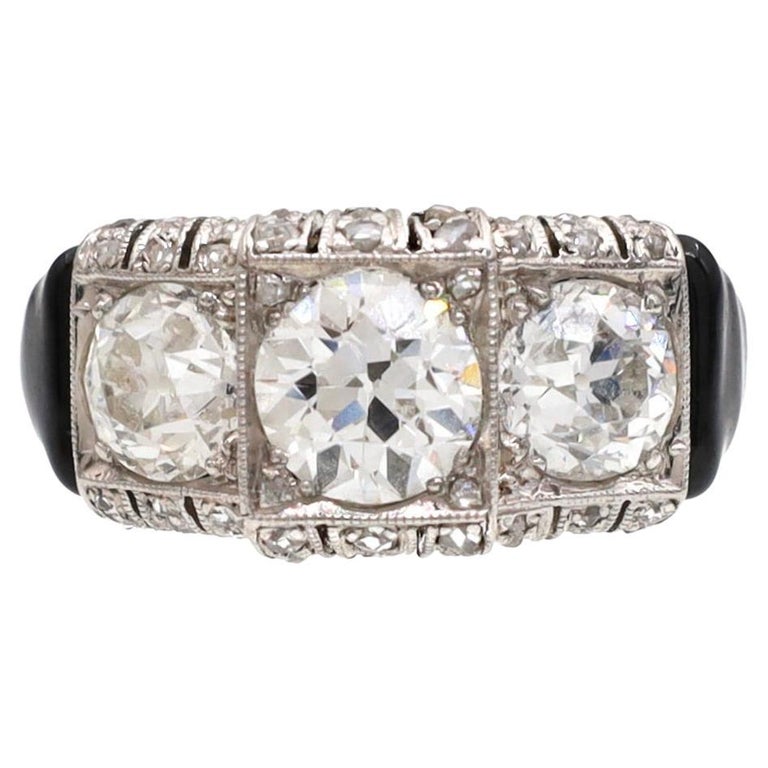 Art Deco Diamond and Onyx Three Stone Ring in Platinum For Sale at 1stDibs