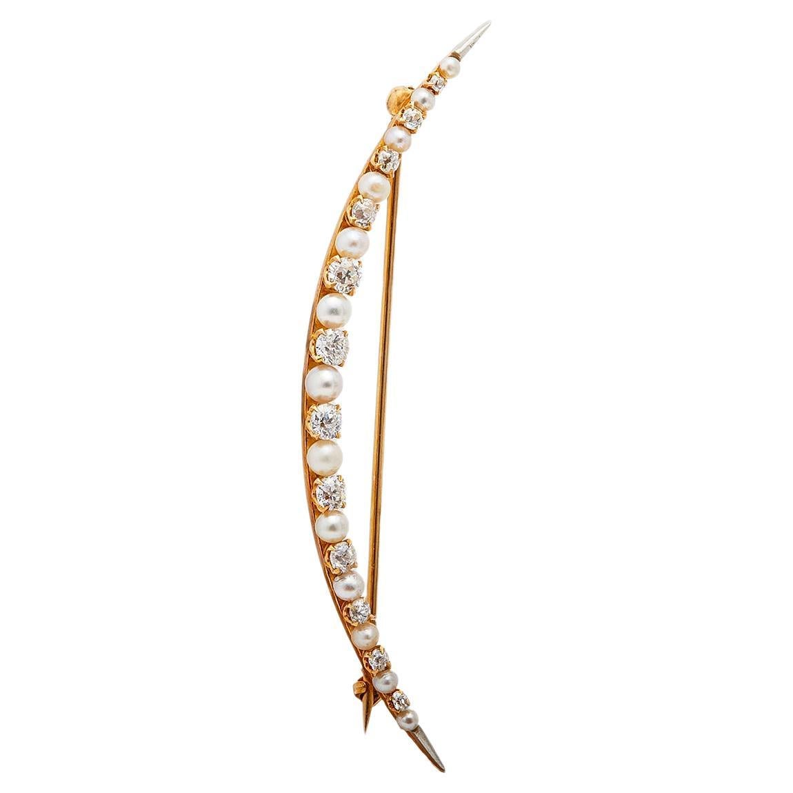 Art Deco Diamond and Pearl 14k Yellow Gold Crescent Brooch For Sale at ...