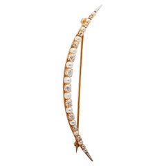 Art Deco Diamond and Pearl 14k Yellow Gold Crescent Brooch