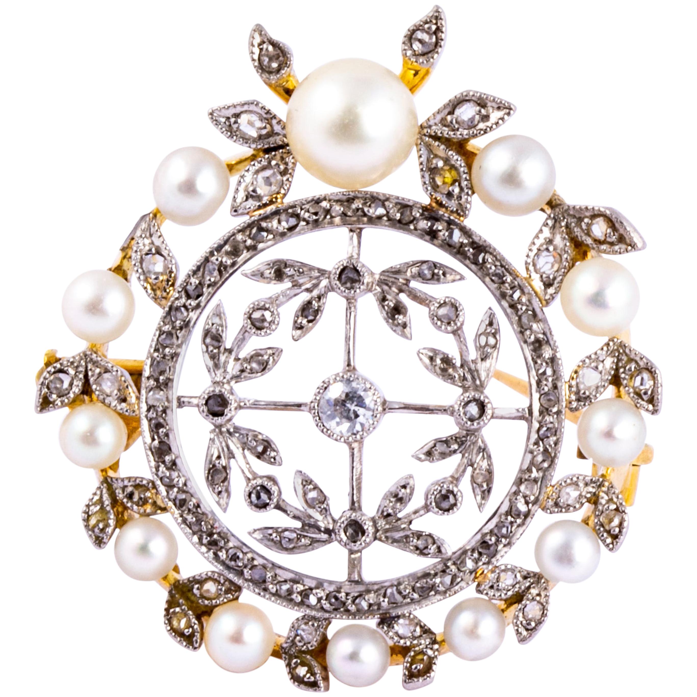 Art Deco Diamond and Pearl 18 Carat Gold Brooch