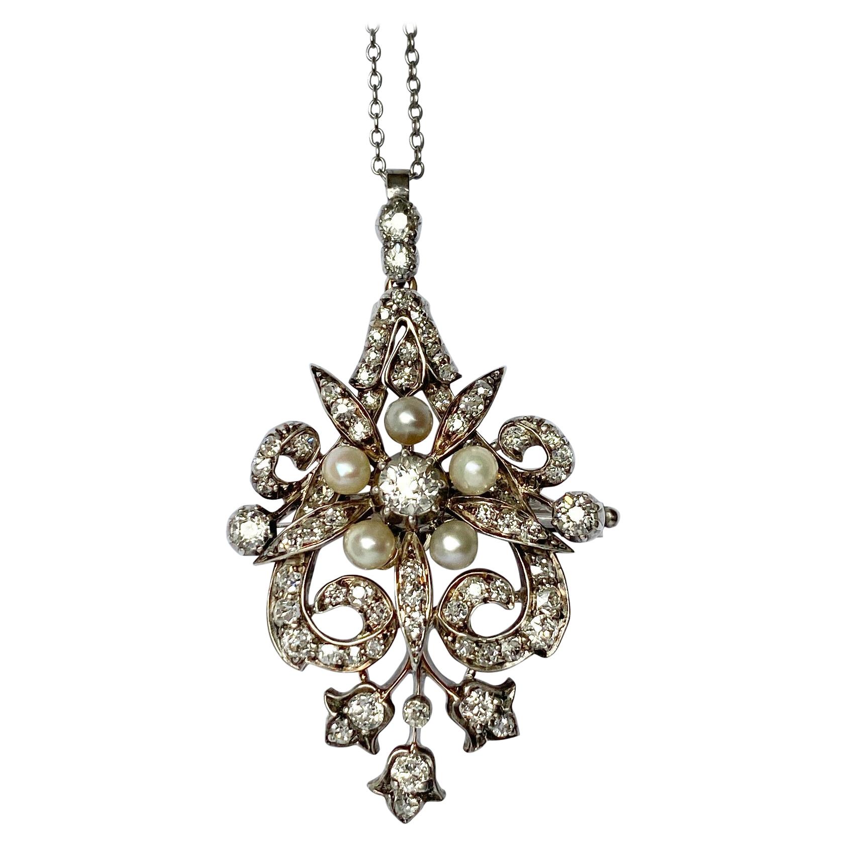 Art Deco Diamond and Pearl 18 Carat White Gold Pendant or Brooch