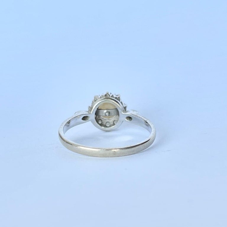 Art Deco Diamond and Pearl 9 Carat White Gold Cluster Ring In Good Condition For Sale In Chipping Campden, GB