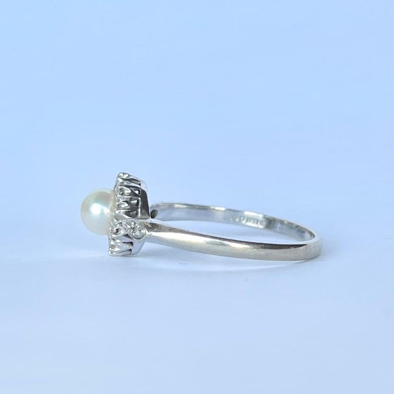 Women's Art Deco Diamond and Pearl 9 Carat White Gold Cluster Ring For Sale