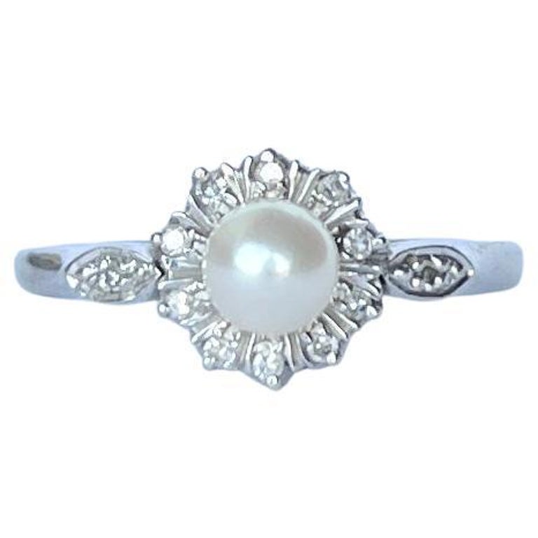 Art Deco Diamond and Pearl 9 Carat White Gold Cluster Ring For Sale