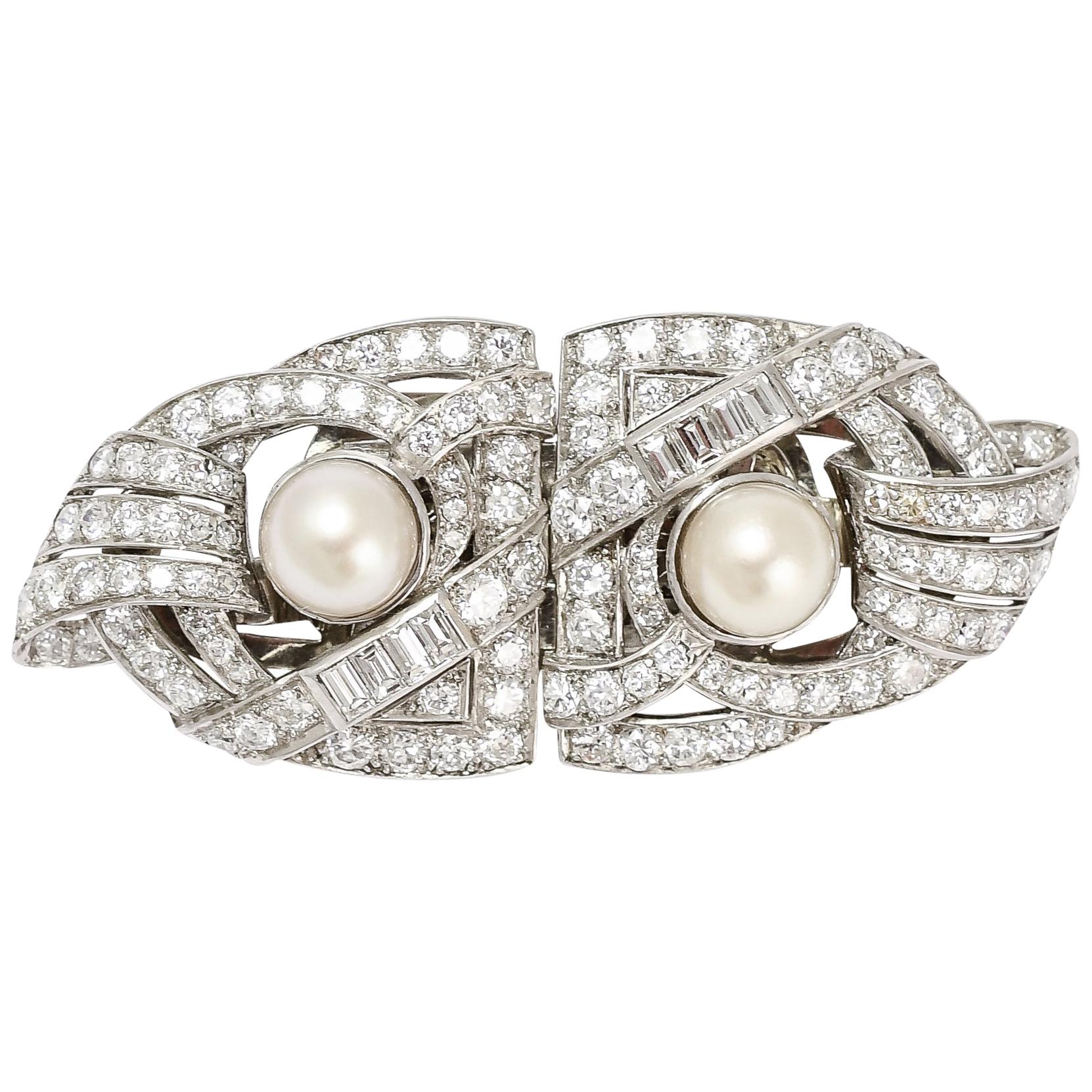 Art Deco Diamond and Pearl Brooch For Sale