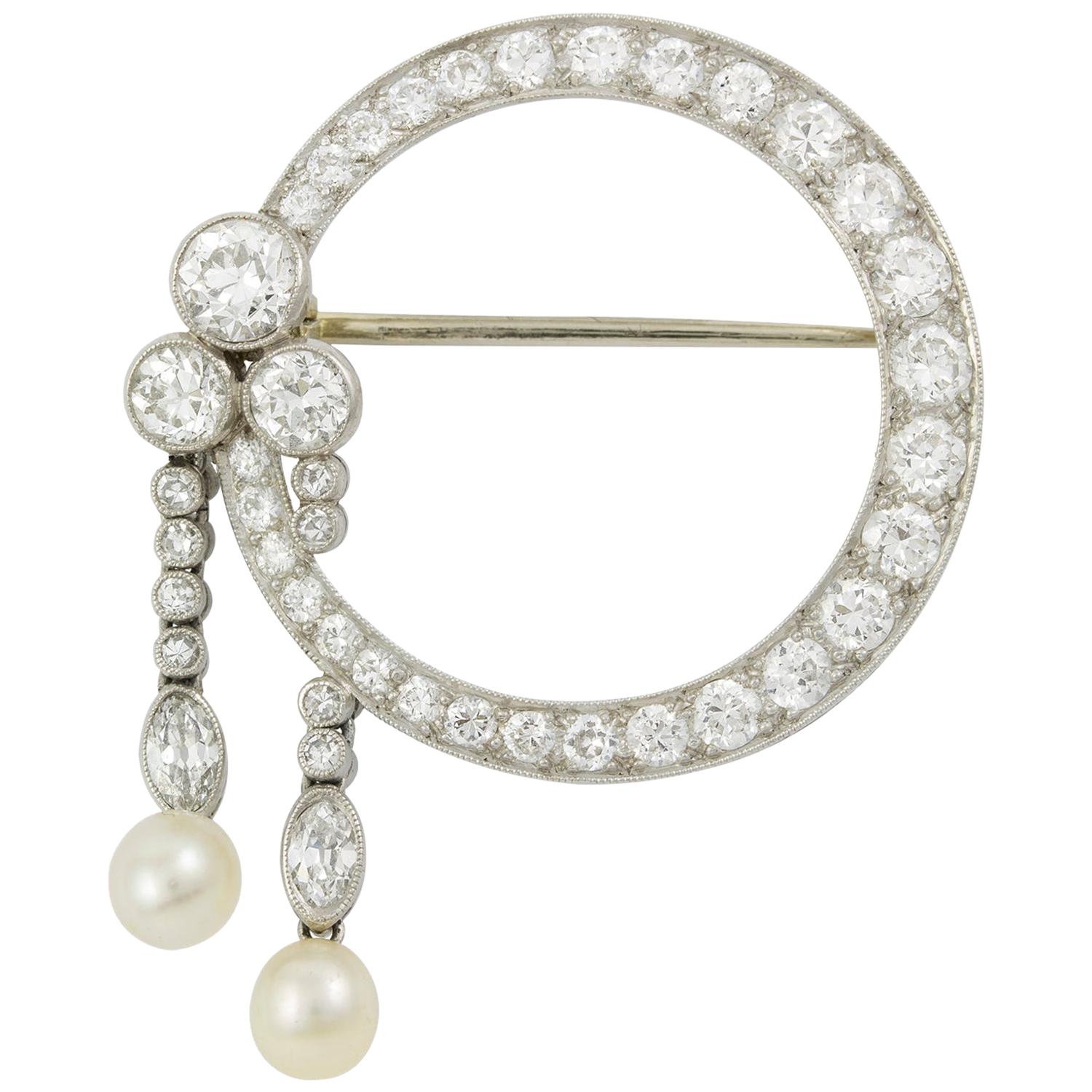 Art Deco Diamond and Pearl Circular Brooch