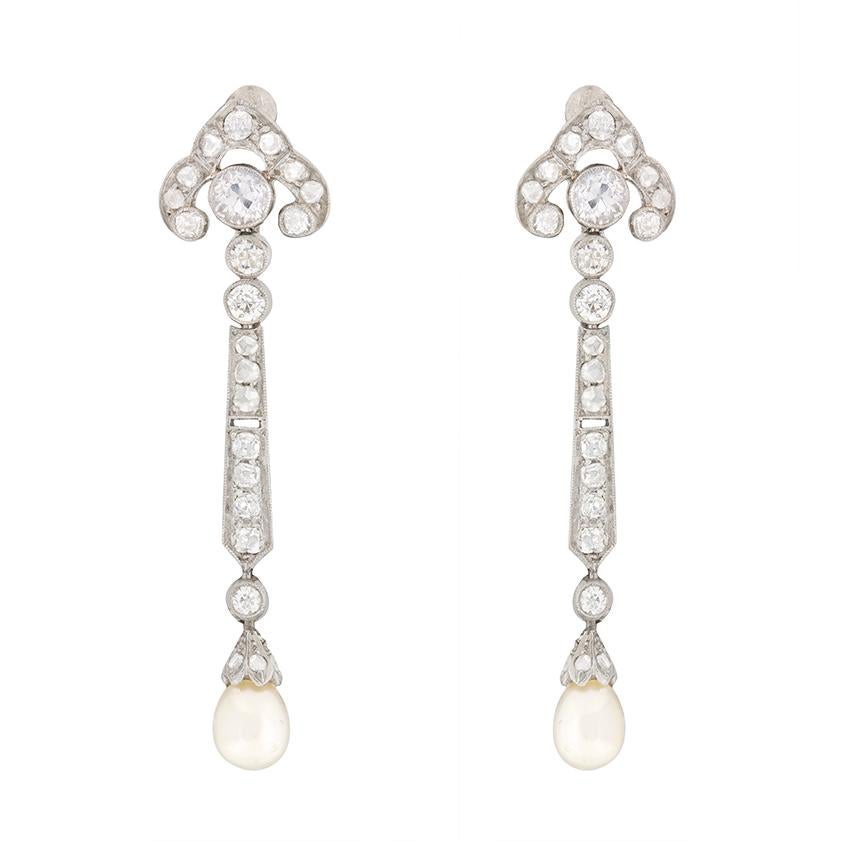 Art Deco Diamond and Pearl Drop Earrings, circa 1920s In Excellent Condition In London, GB