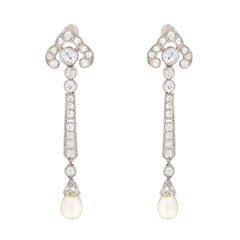 Art Deco Diamond and Pearl Drop Earrings, circa 1920s