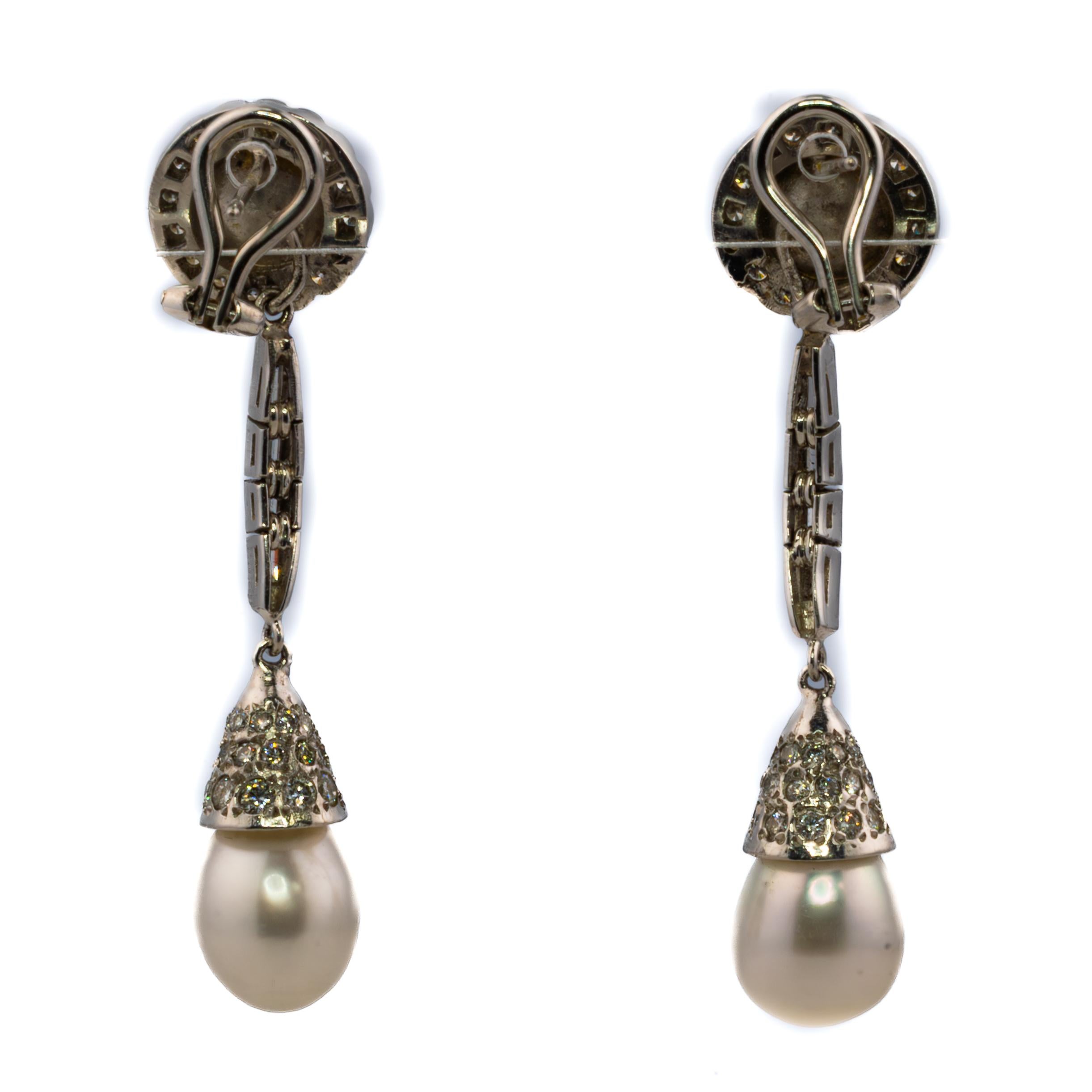 Round Cut Art Deco Diamond and Pearl Drop Earrings in Platinum For Sale